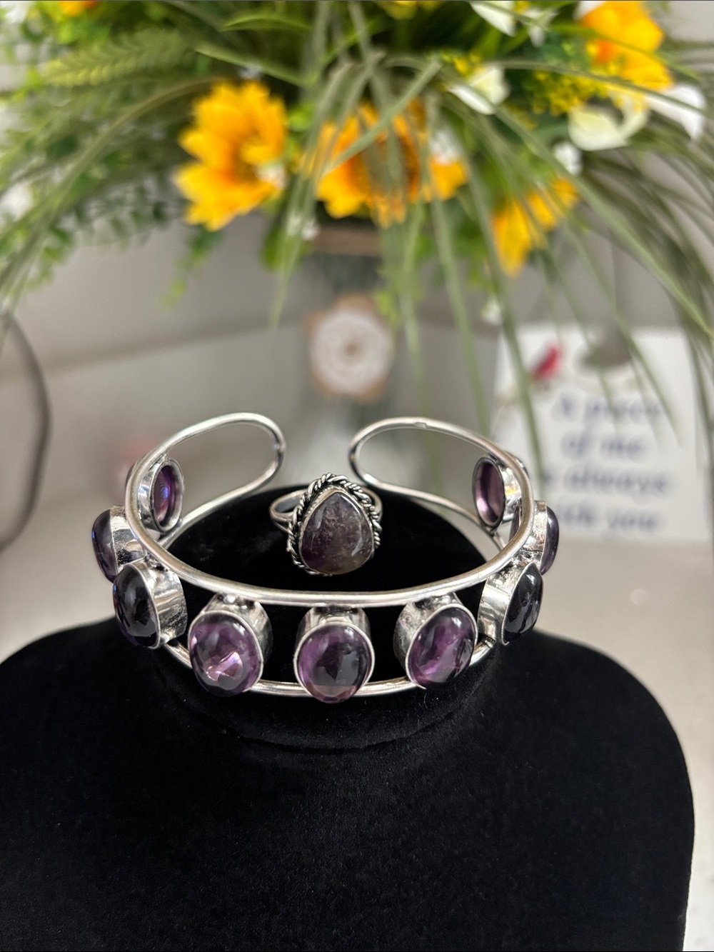Sterling Silver Amethyst Gemstone Cuff Bracelet & Ring Size 7.5 Set